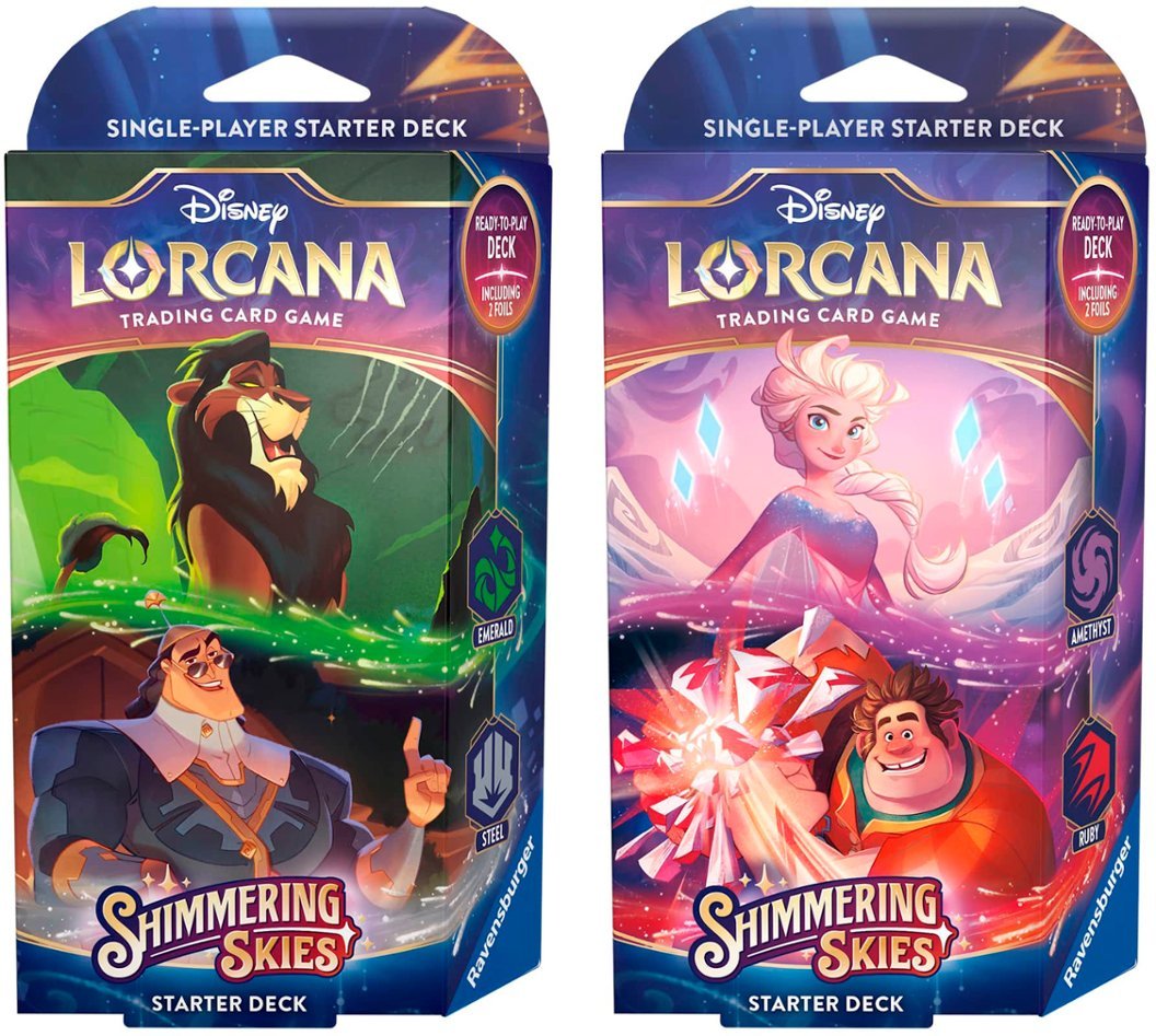 Ravensburger Lorcana TCG: Shimmering Skies: Starter Decks: BOTH Emerald & Steel (Scar & Cronk) AND Amethyst & Ruby (Elsa & Wreck-It Ralph) (2 DECKS) Ravensburger Lorcana TCG: Shimmering Skies: Starter Decks: BOTH Emerald & Steel (Scar & Cronk) AND Amethyst & Ruby (Elsa & Wreck-It Ralph) (2 DECKS)